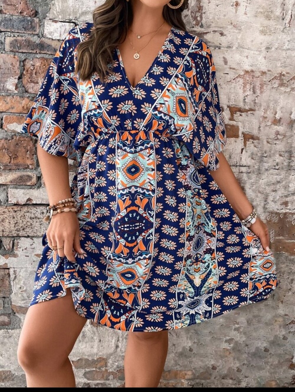 Navy & Orange Patterned Boho Maxi Dress